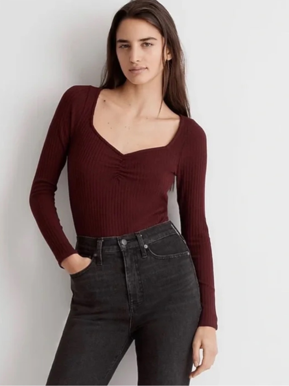 Madewell Burgundy Ribbed V-Neck Long Sleeve Top. Size XXS . Style NI061